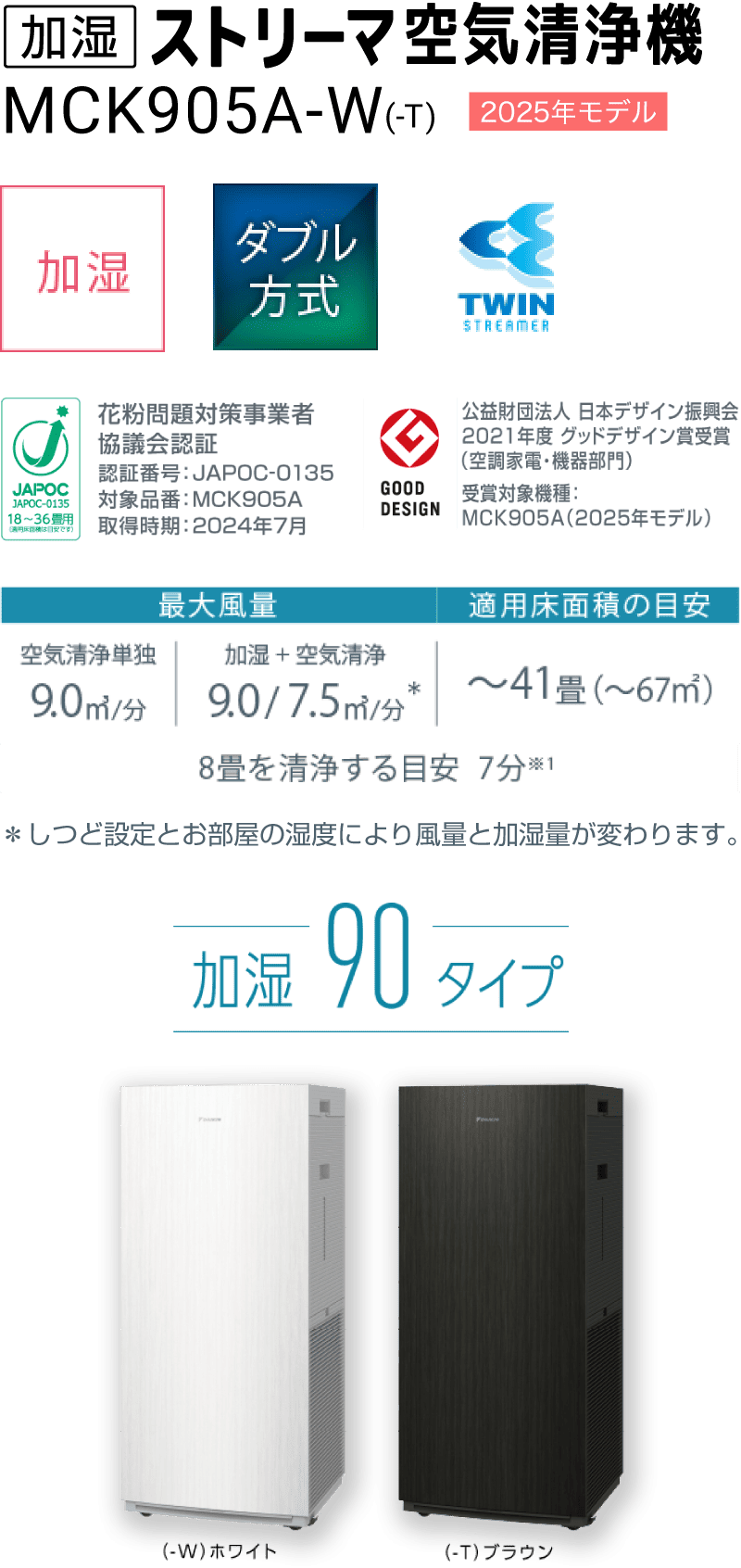 加湿ストリーマ空気清浄機 MCK905A（-W）（-T）